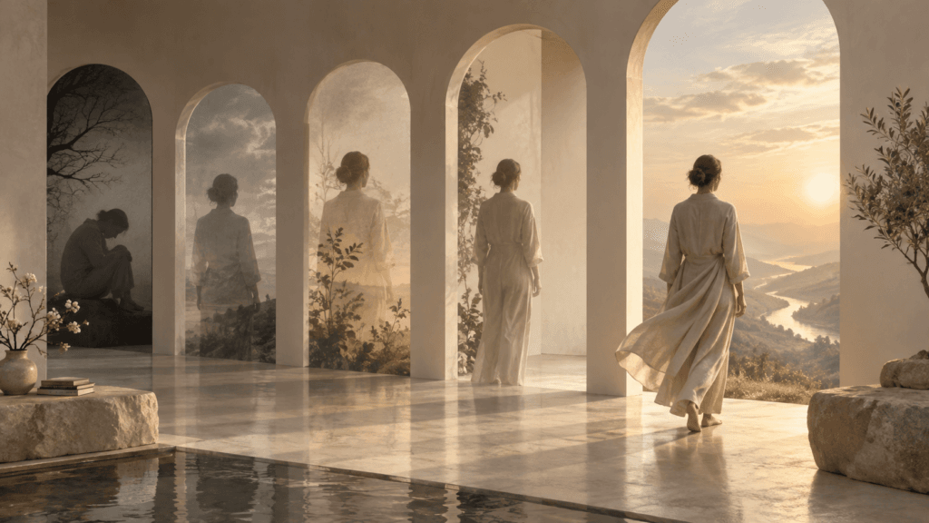 Figures walking through sunlit arches toward an open landscape, suggesting an ongoing process of becoming.