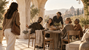 A small group of people making space for another person to join them in a warm, open setting, symbolizing belonging, recognition, and inclusion.