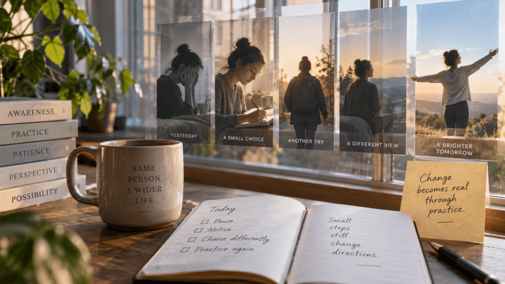 A sequence of images shows a woman moving from distress to reflection and renewed openness, beside books about practice and patience.