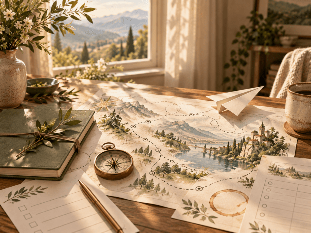 A compass, map, and paper airplane on a sunlit desk.