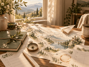 A compass, map, and paper airplane on a sunlit desk.