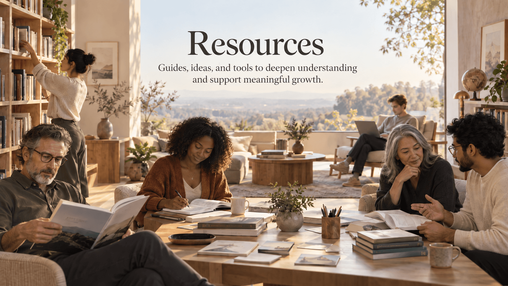 Hero image for the Resources page showing a diverse group of people reading, studying, writing, and discussing books and materials in a bright library lounge. Text reads: ‘Resources — Guides, ideas, and tools to deepen understanding and support meaningful growth.