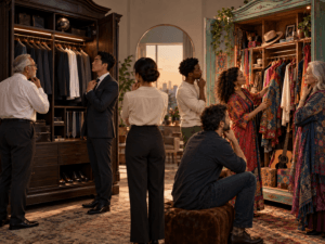 People consider contrasting wardrobes of formal suits and colorful clothing, suggesting different possibilities for identity.