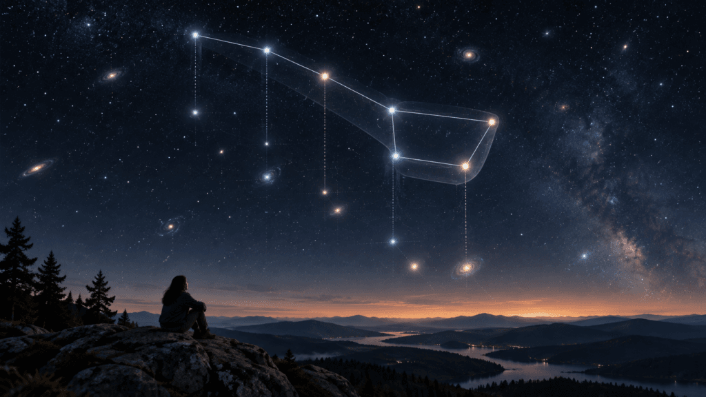 Illustration of the Big Dipper outlined in a starry sky, with vertical lines suggesting depth above a dark mountain horizon.