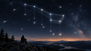 Illustration of the Big Dipper outlined in a starry sky, with vertical lines suggesting depth above a dark mountain horizon.