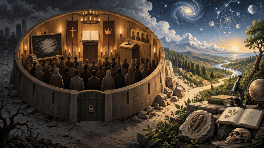 People inside a locked circular enclosure, with fossils, scientific instruments, and an open landscape beyond its walls.