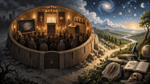 People inside a locked circular enclosure, with fossils, scientific instruments, and an open landscape beyond its walls.