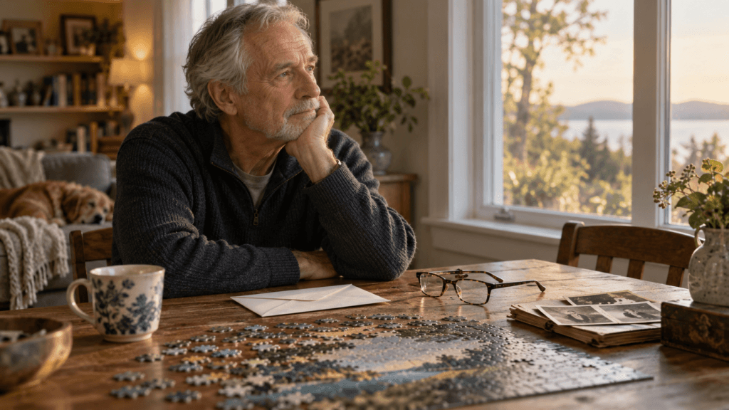 An older man looks toward a window beside an unopened letter, photographs, and an unfinished jigsaw puzzle.