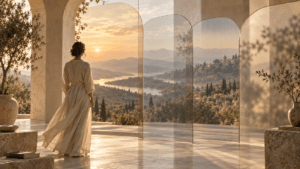 A person looking through overlapping transparent frames toward the same landscape, with each frame subtly changing the view, symbolizing how interpretation shapes experience.