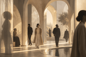 A diverse group of people moving through an elegant public space while translucent architectural layers subtly frame some individuals differently, symbolizing culture, social norms, and the power to define who is seen as belonging.