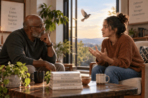 Two adults sitting across from one another in conversation with open space between them, one listening attentively while the other speaks, symbolizing care that supports autonomy rather than control.