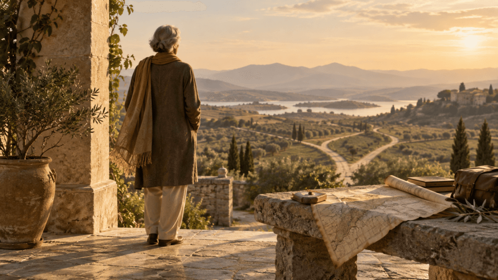 A person standing at a branching path in soft morning light, looking toward an open landscape as the familiar route fades behind them, symbolizing change, uncertainty, and new direction.