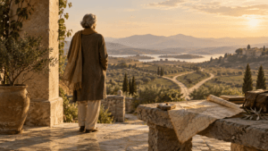 A person standing at a branching path in soft morning light, looking toward an open landscape as the familiar route fades behind them, symbolizing change, uncertainty, and new direction.