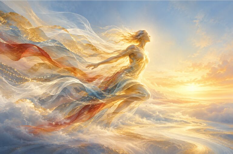 A luminous figure dissolving into flowing fabric and light in golds and warm tones, suggesting human transformation and becoming