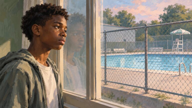 Painting of a Black boy gazing through a window at a fenced public swimming pool on a summer afternoon