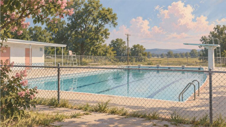 Painting of an empty public swimming pool behind a chain-link fence on a summer afternoon, with flowering trees and a diving board
