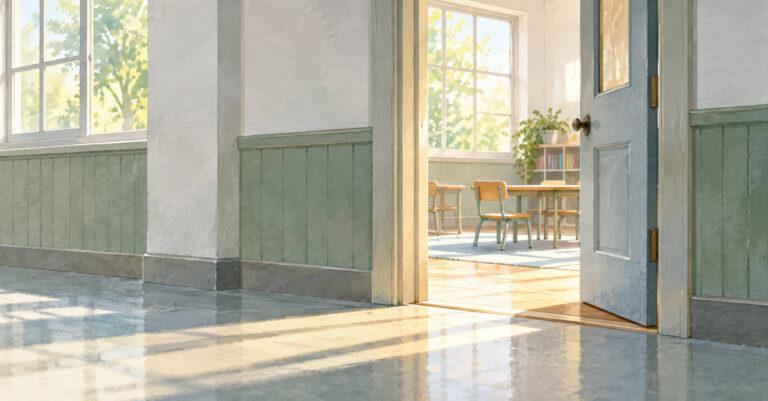 Sunlit empty classroom doorway seen from the hallway