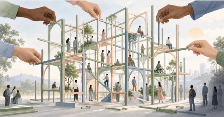 Illustration of the systems we build: many hands of different skin tones assembling an open scaffold in sage green, pink and blue, with people inside it and others watching from its edges.