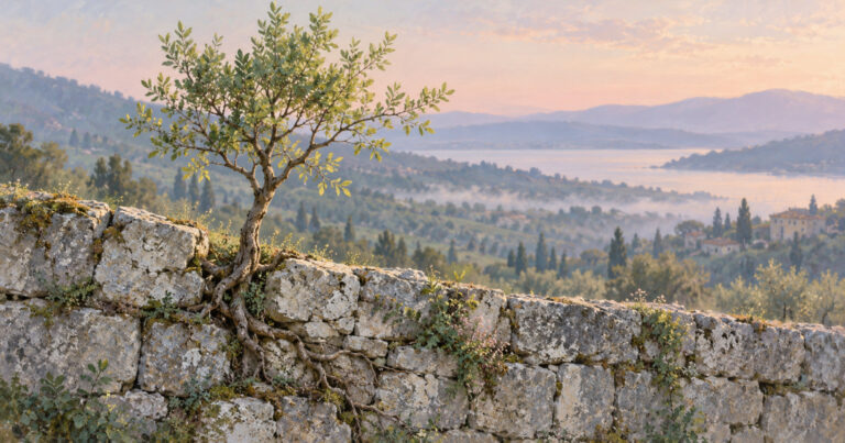 Growth through suffering: a young tree growing from a crack in a stone wall