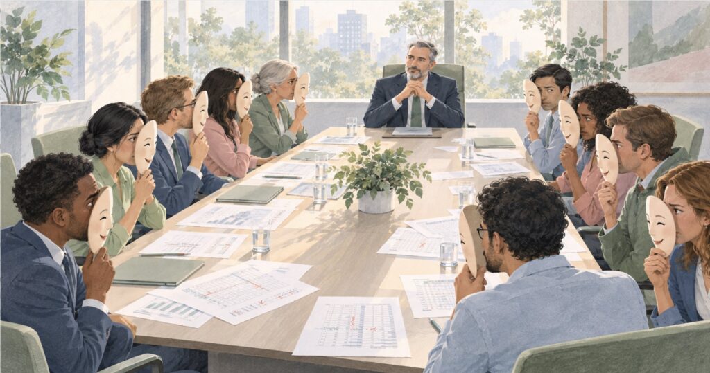 Why flatterers turn on you: an illustration of a conference table where employees hold smiling masks in front of wary faces as they turn toward the boss at the head of the table.