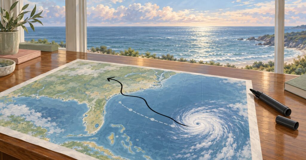 A coastal map on a wooden desk with a black marker line drawn across it, a marker beside it, and a calm ocean through the window