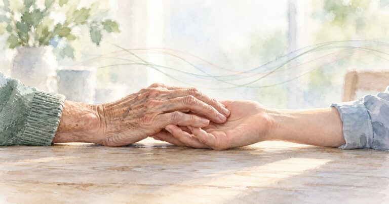 Watercolor of an older hand resting gently on another person's open hand across a wooden table, symbolizing human presence beyond thoughts and prayers