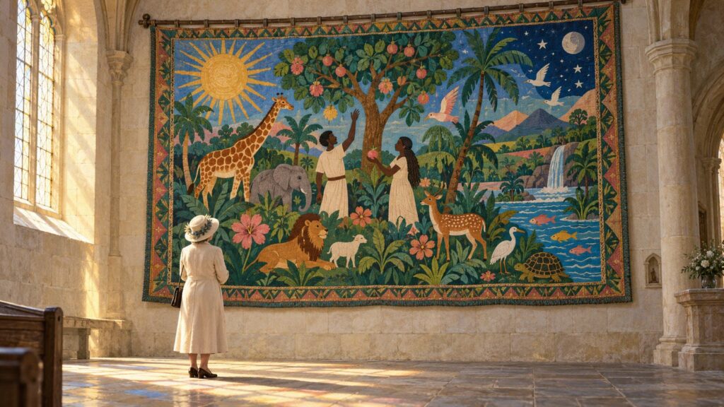 An older White woman in a Sunday coat and hat stands in a sunlit church, seen from behind, looking up at a large Haitian-style creation tapestry of Black figures, animals and a golden sun