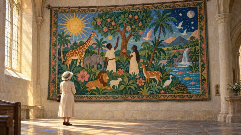 An older White woman in a Sunday coat and hat stands in a sunlit church, seen from behind, looking up at a large Haitian-style creation tapestry of Black figures, animals and a golden sun