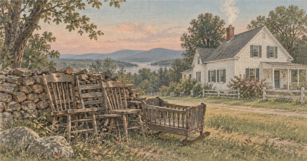 Old dining chairs and a cradle stacked beside a woodpile in front of a white farmhouse with smoke rising from the chimney