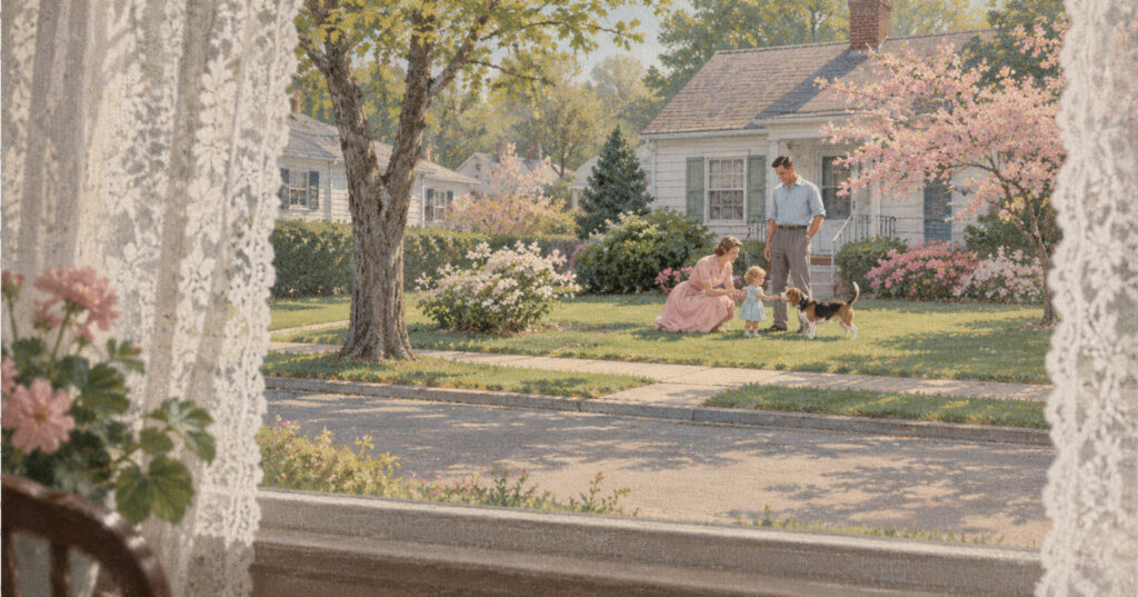A suburban street seen through a lace curtain; a young couple, their toddler and a beagle on the lawn across the way