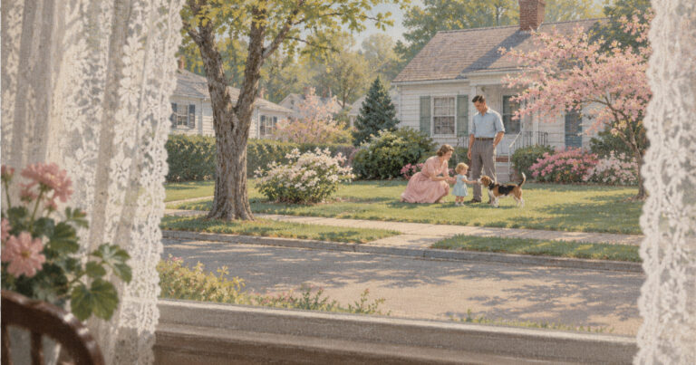 A suburban street seen through a lace curtain; a young couple, their toddler and a beagle on the lawn across the way