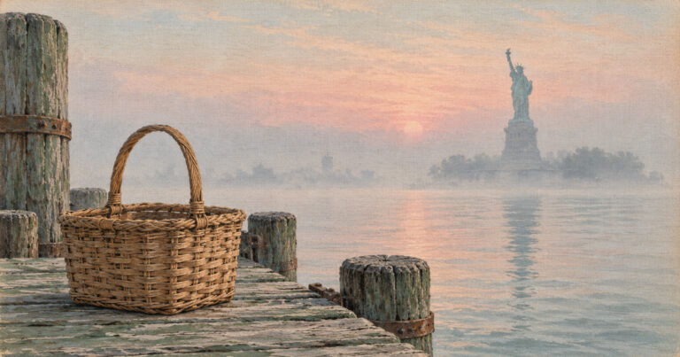 A woven handbasket on a weathered pier, with the Statue of Liberty small and distant in the harbor fog