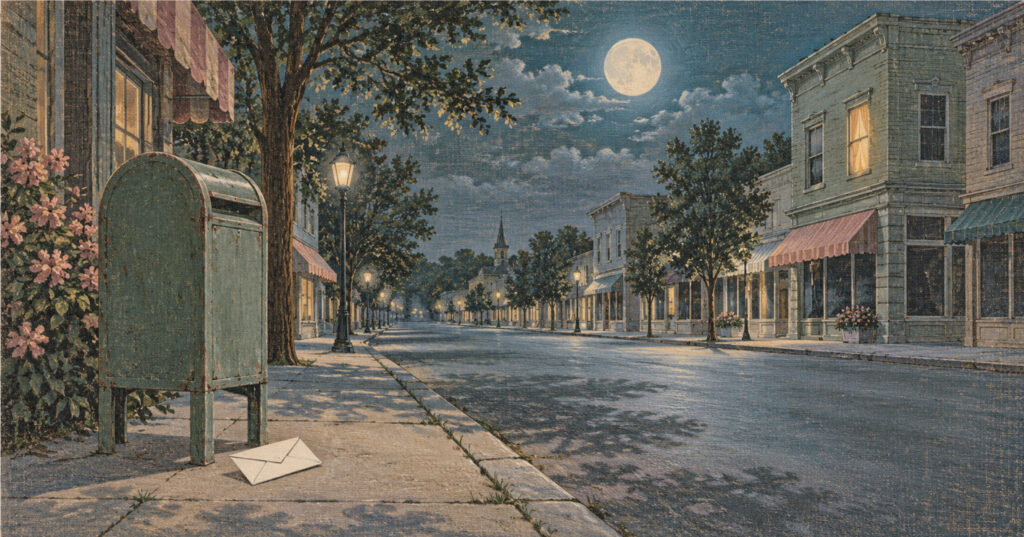 A full moon over an empty Main Street at night, one lit window, and an unopened envelope lying beneath a mailbox