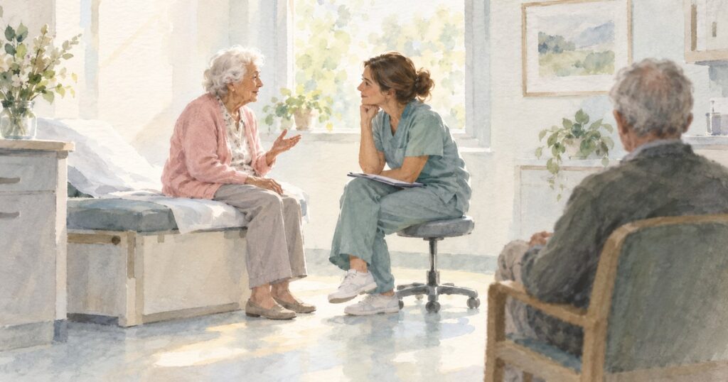 Watercolor of an elderly woman in a pink cardigan speaking with a nurse who listens closely in a sunlit examination room, while a gray-haired man sits quietly in the corner with his back to the viewer.