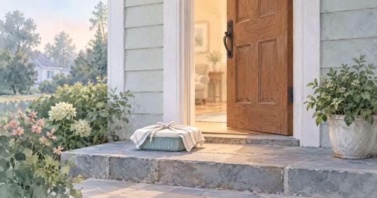 Watercolor of a front door standing open onto a stone step, where a covered dish has been left, suggesting I'll pray for you as a doorway to showing up