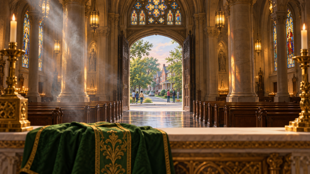 Open doors of a grand Catholic church, seen from the altar with a green chasuble in the foreground, looking out on a neighborhood street where neighbors talk together