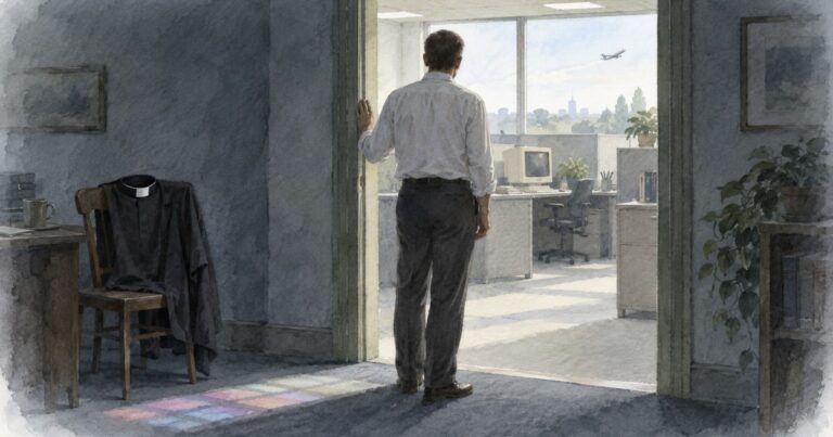 Watercolor of a man standing in a doorway with his back to the viewer, a black clerical shirt left on a chair in the dim room behind him and a bright 1990s office ahead, where a plane climbs past the window.