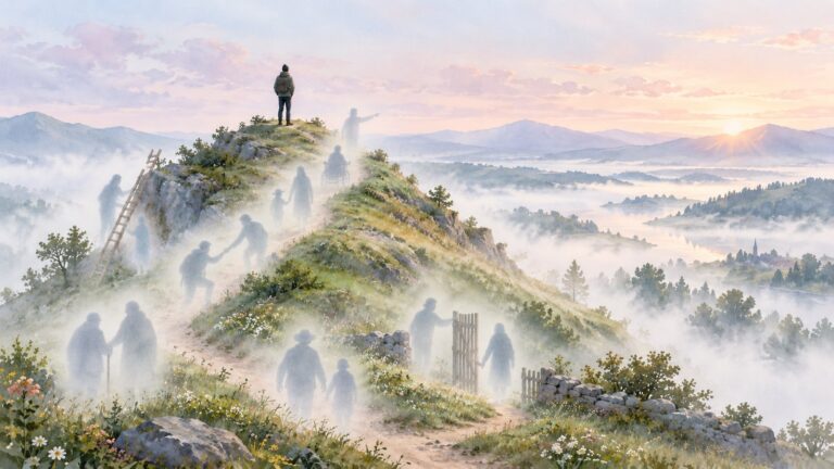 A hiker stands alone on a misty hilltop at dawn while faint, ghostly figures along the path below help others climb, steady a ladder, open a gate, and point the way