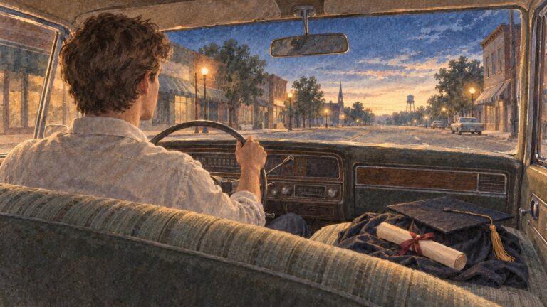 Young man driving through a small town at dusk on graduation night, cap, gown and diploma on the seat beside him