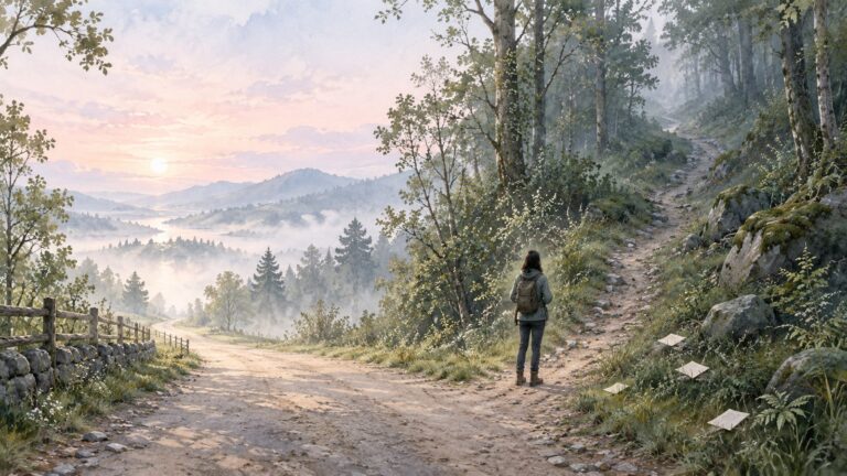 A hiker stands at a fork between a wide, easy road and a narrow, rocky path climbing into misty woods, with index cards scattered along the narrow path