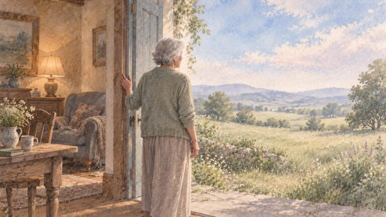 Older woman standing in an open doorway, looking out from a cozy room onto sunlit countryside — starting over later in life