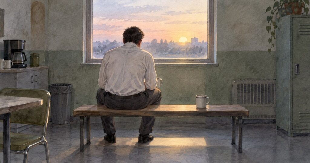 Watercolor of a man seen from behind on a bench in a dim office break room, a second coffee cup set beside him as dawn light comes through the window, asking whether depression was really a gift